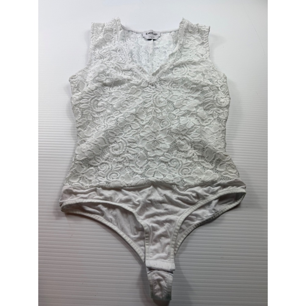 Bebe Womens White Floral Lace Sleeveless V-Neck Thong Bodysuit XS